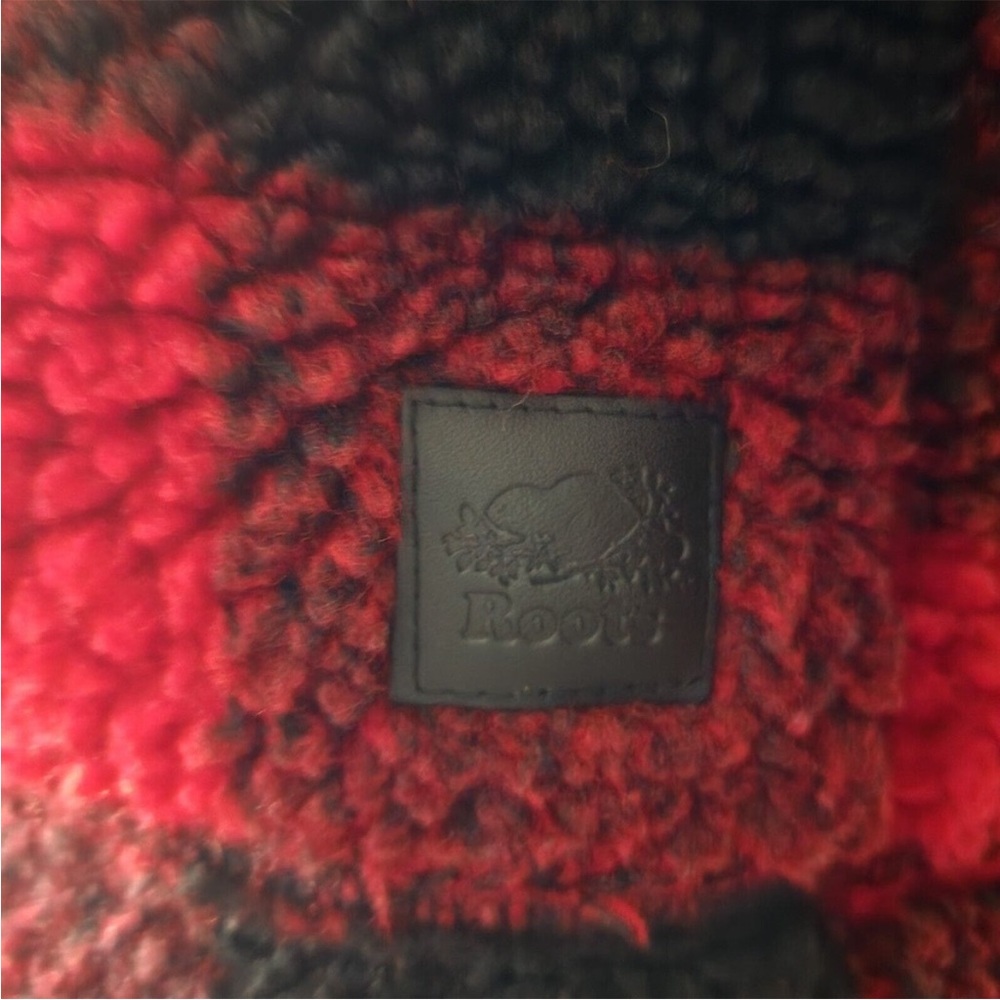 Roots Canada Sherpa Fleece Zip-Up Jacket XS Red Black Buffalo Plaid Lined Pocket - Picture 6 of 7